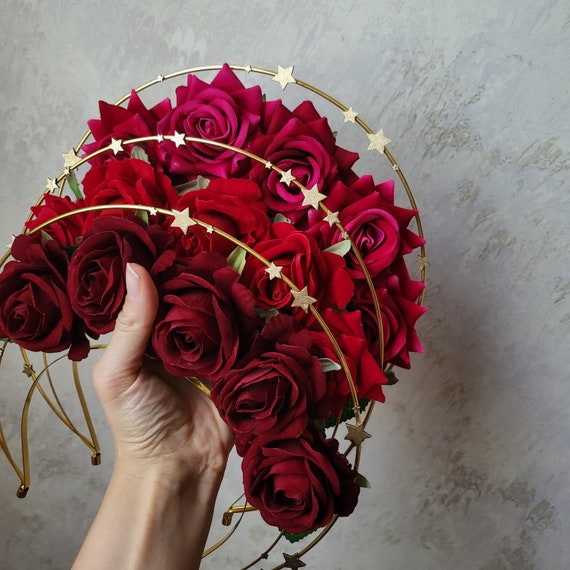 Red Rose Halo Crown • Floral Double Halo Headpiece With Gold  display picture 1