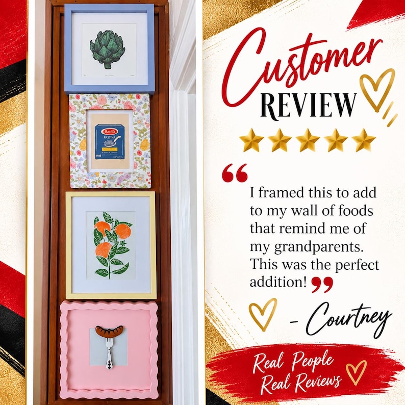 May include: A vertical arrangement of four square wall frames featuring an artichoke illustration, a Barilla Pastina box print, an orange tree print, and a fork with a sausage. Text reads: Customer REVIEW, five stars, and a customer testimonial.