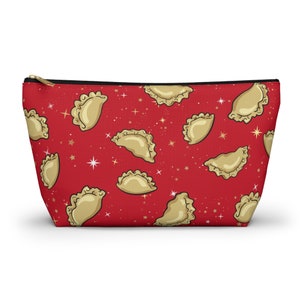 Pierogi and Retro Stars Accessory Pouch w T-bottom Polish Gift Dumplings Red Travel Bag