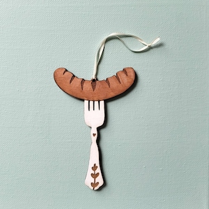 Sausage on Fork Ornament, Laser Engraved Ornament, Wood Burned Polish Folk Art Christmas Poland Gift Lover hot dog German Oktoberfest
