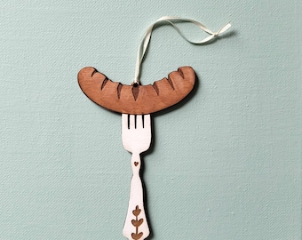 Sausage on Fork Ornament, Laser Engraved Ornament, Wood Burned Polish Folk Art Christmas Poland Gift Lover hot dog German Oktoberfest