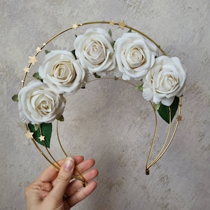 White Rose Halo Crown with Flowers and Stars Floral Gold Headband Irish Gift Princess Celestial Bridal Veil