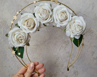 White Rose Halo Crown with Flowers and Stars Floral Gold Headband Irish Gift Princess Celestial Bridal Veil