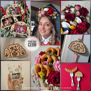 May include: A collage featuring wooden ornaments with photo inserts, a floral crown with stars, a pierogi-themed glass with the text 'pierogi makin potion', a floral arrangement with pretzels, and wooden fork-shaped pins with sausage and pierogi motifs.