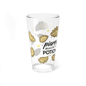 Pierogi making Potion Beer pint glass with wrap around extra pierogi Dumpling Polish Ukrainian Russian Polska Gift Bar Dyngus Day 16oz