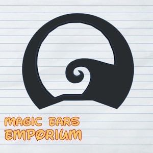 May include: Black silhouette of a stylized ear design, resembling a mouse ear, with a spiral detail. The text "MAGIC EARS EMPORIUM" is written in orange and yellow below the ear design, on a lined paper background.