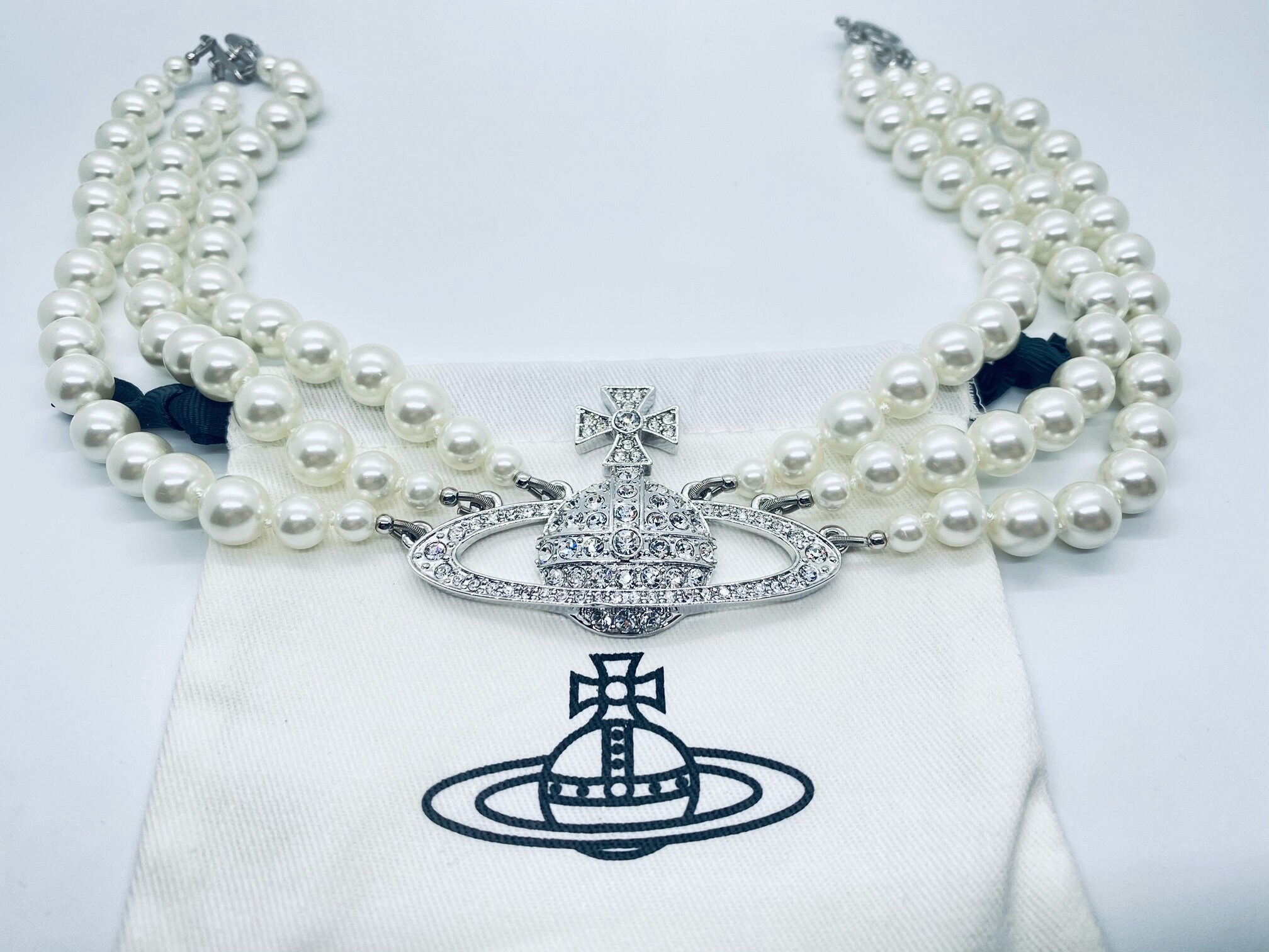 Vivienne Westwood 3 String Triple Pearl Orb Choker Necklace Silver
