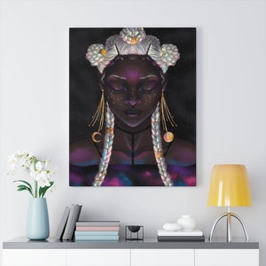 Galaxy Girl Peace Canvas Print | 8x10, 11x14, 12x16, 18x24, 24x30 | Digital Illustration | African American Art | Black Owned