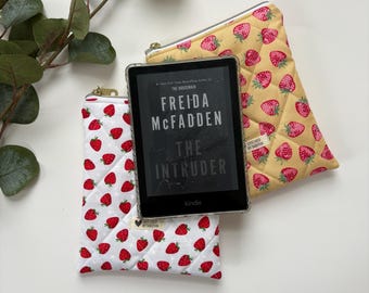 Quilted Kindle Sleeve: Strawberries E-reader Zipper Pouch Case - Book Lover Gift