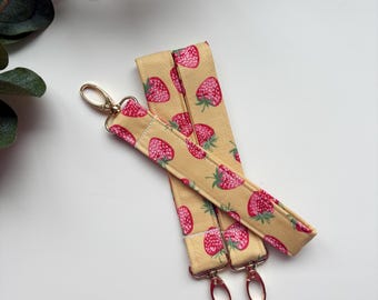 Strawberry Fabric Keychain Wristlet: Gold Keyring, Car Key Fob