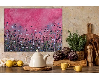 Flowers original acrylic painting on canvas, large painting, sunset paintings, meadow, gift ideas