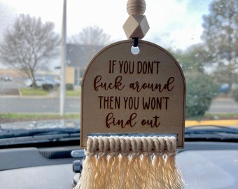 Rückspiegel Zubehör - Makramee - Unbehandeltes Holz & Holzperlen - Auto Zubehör - Auto Anhänger - Boho