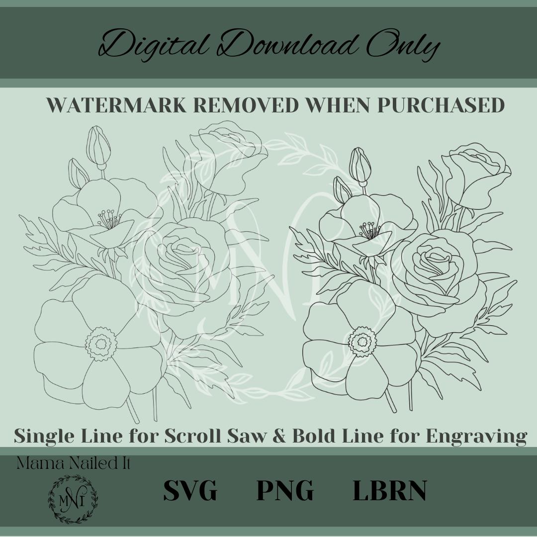 Floral Bouquet SVG - Single Line - Scroll Saw Template - Laser Ready - PNG, SVG, Lightburn File