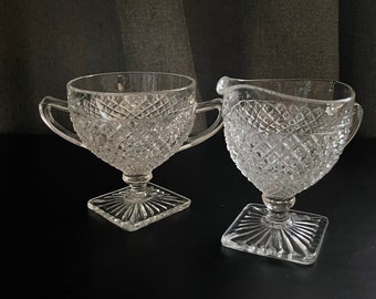 VTG Anchor Hocking Miss America Hobnail Square Foot Creamer and Sugar Set