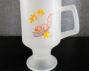 Vintage Indiana Glass Tiara Squirrel Graphic '88 Footed Frosted Glass Mug