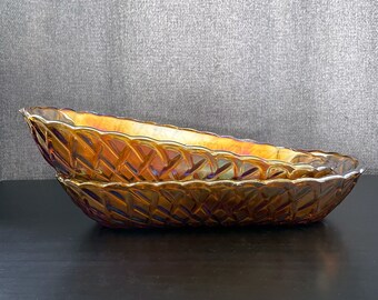 Vintage INDIANA GLASS Pretzel Pattern Carnival Glass Marigold Bread Celery Candy Serving Dish Set of 2