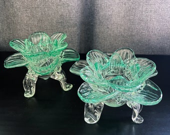 Vintage Green Art Glass Lotus Flower Votive Tealight Three-Footed Candle Holder - Set of 2