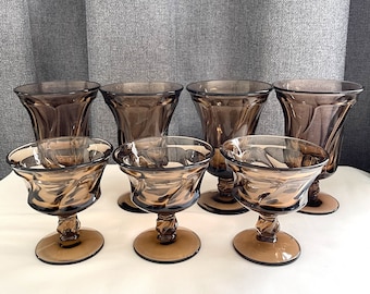 FOSTORIA GLASS JAMESTOWN Vintage Brown Champagne/Sherbet & Water Goblets - Lot of 7