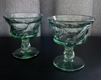 FOSTORIA GLASS JAMESTOWN Vintage Green Champagne Sherbet Stem Glasses - Set of 2