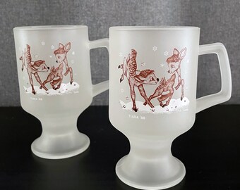 Vintage Indiana Glass Tiara Baby Deer Graphic '88 Footed Frosted Glass Mug Set of 2