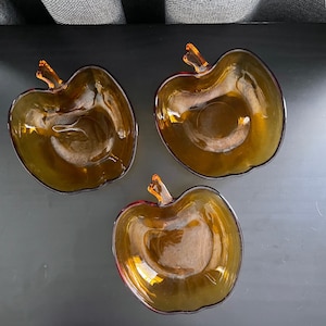Vintage HAZEL ATLAS GLASS Co. Orchard Amber Glass Apple Shape Dessert Bowls