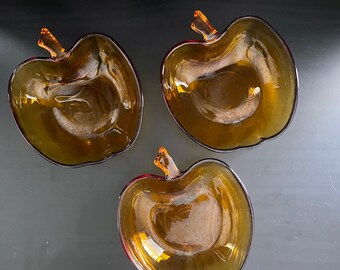 Vintage HAZEL ATLAS GLASS Co. Orchard Amber Glass Apple Shape Dessert Bowls