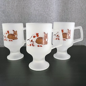 Vintage Indiana Glass Tiara Deer &#39;86 Footed Frosted Glass Mug Set of 3