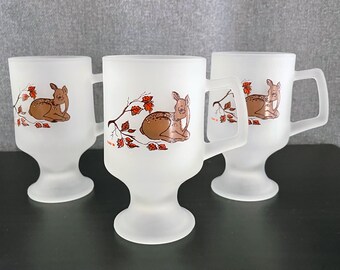 Vintage Indiana Glass Tiara Deer '86 Footed Frosted Glass Mug Set of 3