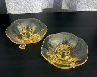 FOSTORIA VERSAILLES Topaz Yellow Footed Glass Candlestick Holders - Set of 2