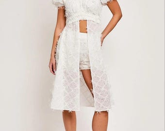 Embroidery Lace Mesh Long Top & High Waisted Shorts Set
