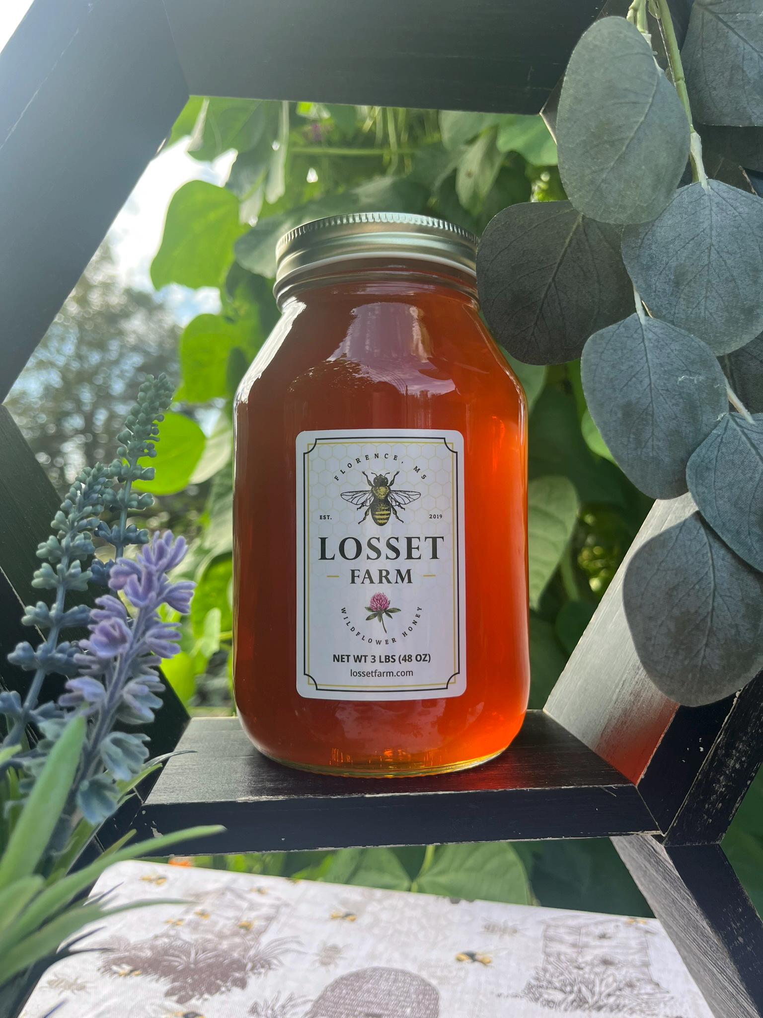 Losset Farm Raw Wildflower Honey – 3 Lb Glass Quart Jar (48
