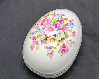 circa 1960/'s Dainty Ceramic Lidded RingTrinket Dish Floral Brocade Designed Lid with Gold Trim Outline