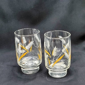 Vintage MCM Wheat Spray Juice Glasses Barware Glassware Set of 2