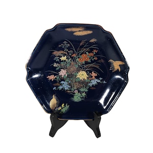 Vintage Dark Blue Octagon Shaped Japenese Clossoine Decorated Hand-Painted Dish