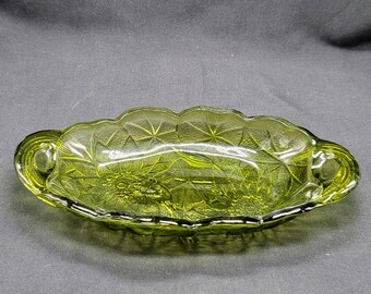 Indiana Glass Avocado Green Lily Pond Relish Candy Dish Sculptured Flowers