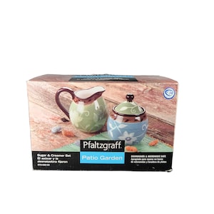 Pfaltzgraff Patio Garden Creamer and Sugar Set Green Blue Stoneware