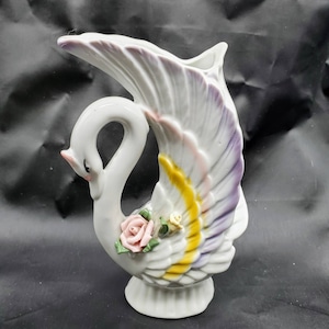 Porcelain Swan Vase Applied Flowers