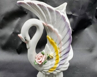Porcelain Swan Vase Applied Flowers