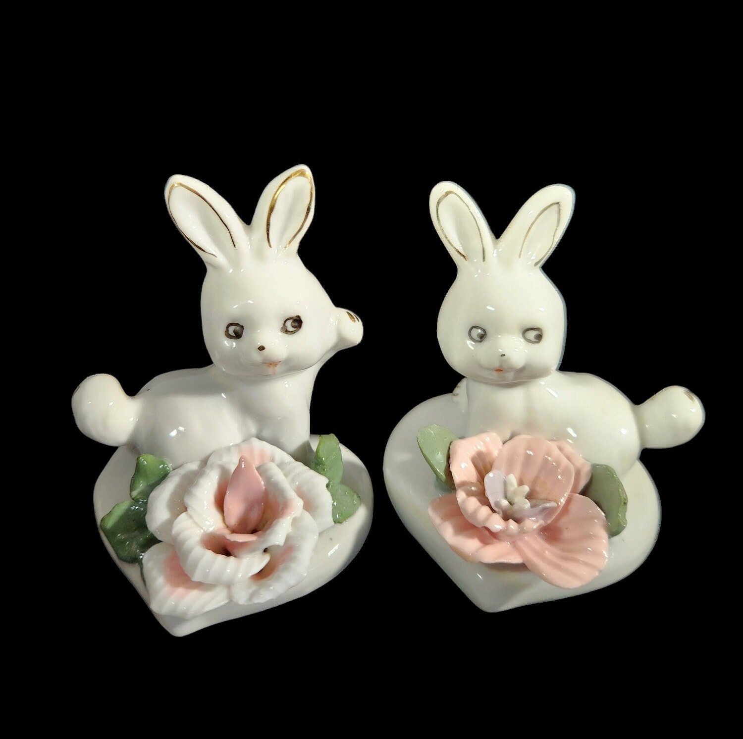 Bunny Rabbit Figurine Pair Flower Leaves Ceramic Porcelain Hand Painted Unmarked -