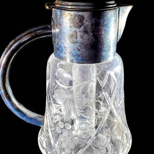Vintage Cut Crystal Pitcher Decanter With Ice Chamber Germany Silver Plate