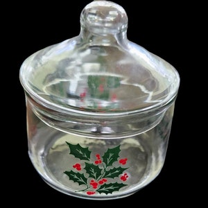 Indiana Glass Bartlett Collins Christmas Holly Apothecary Jar Candy Canister