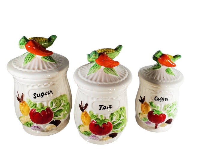 Vintage Canister Set Ceramic Vegetable Kitchen Decor Sugar Tea and