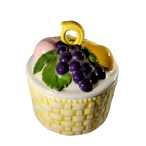 Vintage Basket Weave Flowers Grapes Peach Pear Fruit Lids Ceramic Cannister Storage