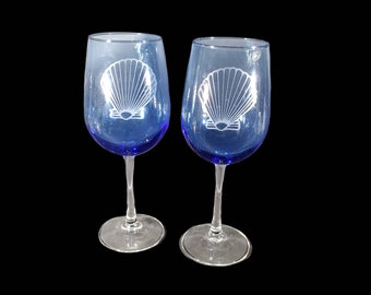 Long Stem Blue Glass Etched Shell Wine Glasses Set of 2