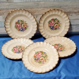 Vintage Floral Dessert Plate Tan Scallop Golden Ware Pottery 22k Gold