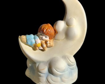 Vintage Dreamland Ceramic Boy on a Crescent Moon Nite Lite Baby Newborn Infant Decor