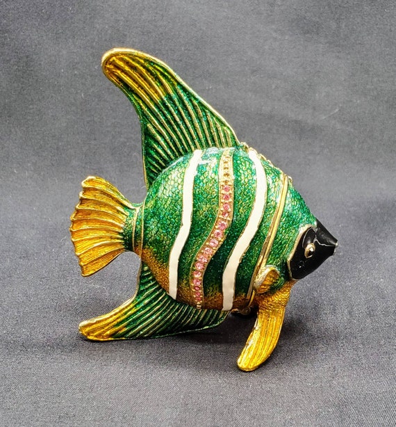 Hinged  Enamel Trinket Box Jeweled Tropical Fish