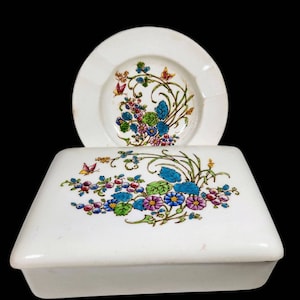 Wedgwood Montreal Cigarette Table Box Trinket Box and Ashtray Ring Dish Set Floral Butterfly
