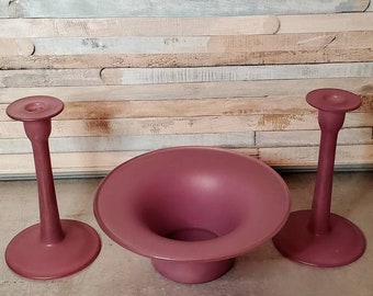 Purple Satin Glass Console Bowl and Set of Candlesticks