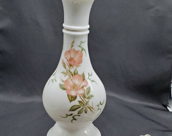 Vintage Mid Century Milk Glass Table Bedside Lamp Hand Painted Florals Brass Base